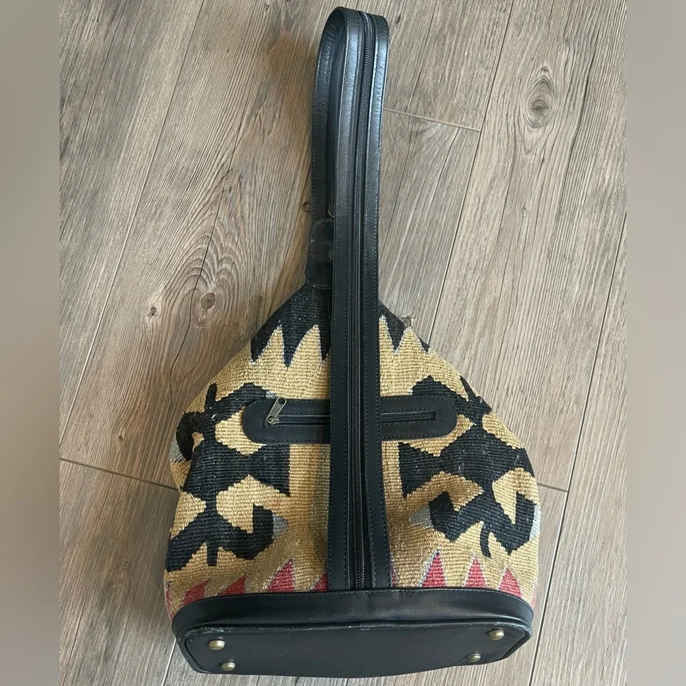 Kilim Black and Tan Tapestry Small Backpack with Black Leather Trim - Picture 4 of 16